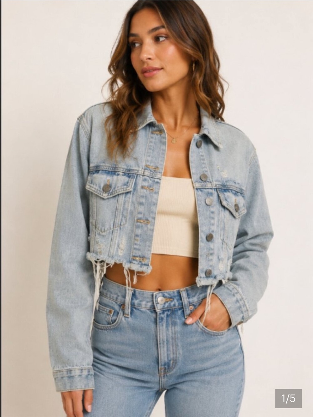 NEW Distressed Oversized Cropped 100% Cotton Light Blue Denim Jacket